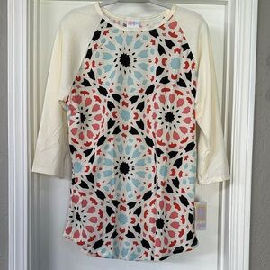 LuLaRoe Randy Cream-Sleeve Raglan with Ice Blue, Coral & Black Mosaic